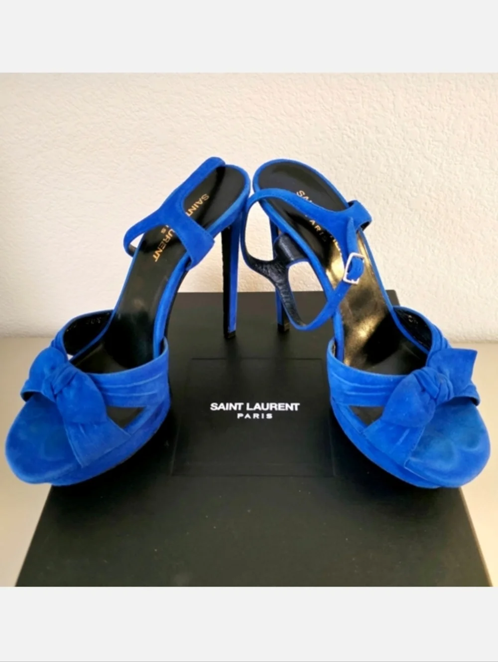 YSL Saint Laurent Blue Suede Platform Stiletto Ankle Strap Heels EU 38.5 / US 8 - Picture 5 of 13